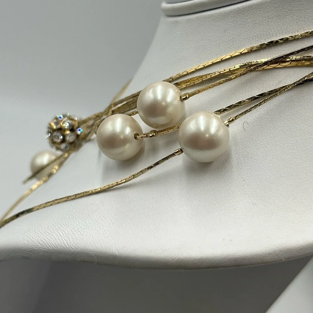 Kate Spade NY Gold Plated Triple Strand Faux Pearl Pave Beads Long Necklace